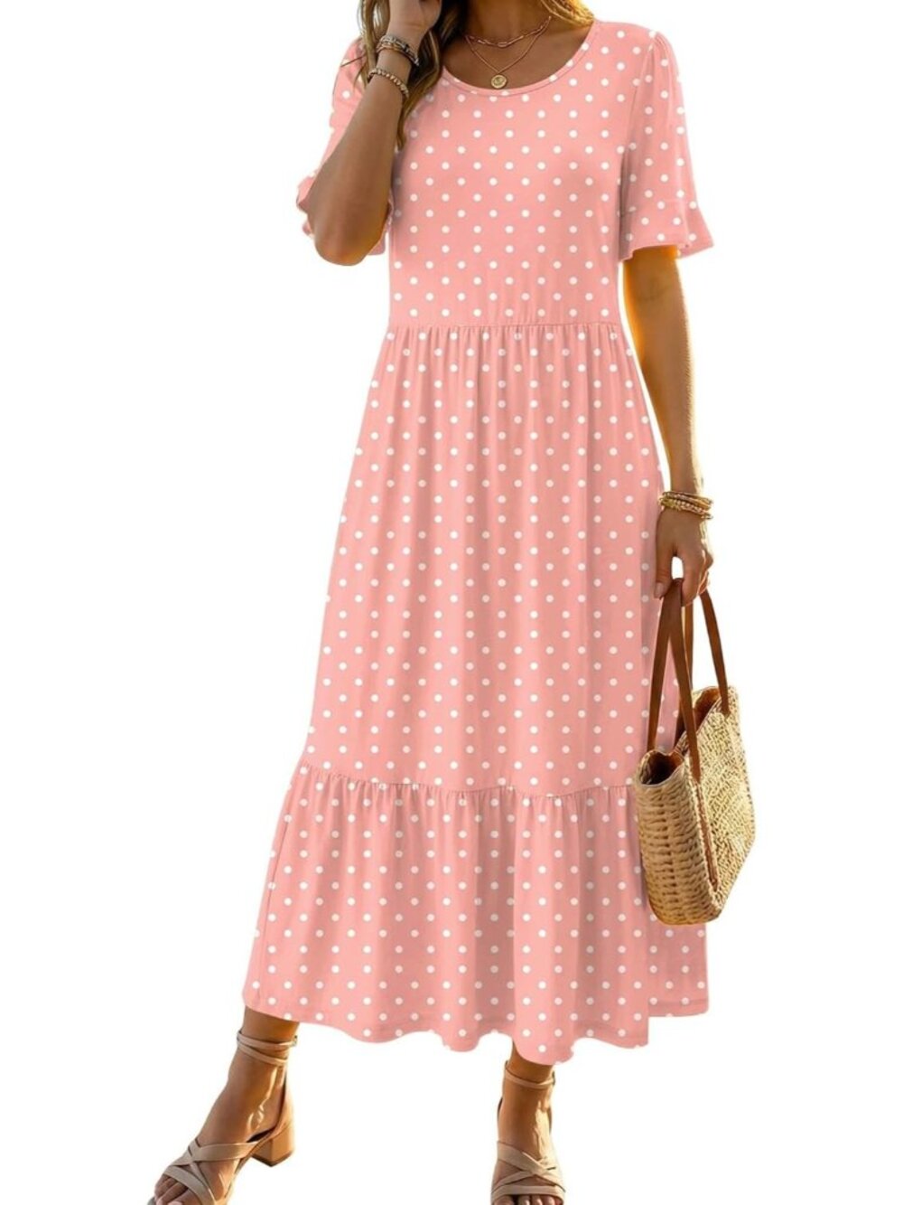 Women's Pink Casual Midi Dress Crew Neck Ruffle Short Sleeve Tiered Sundress